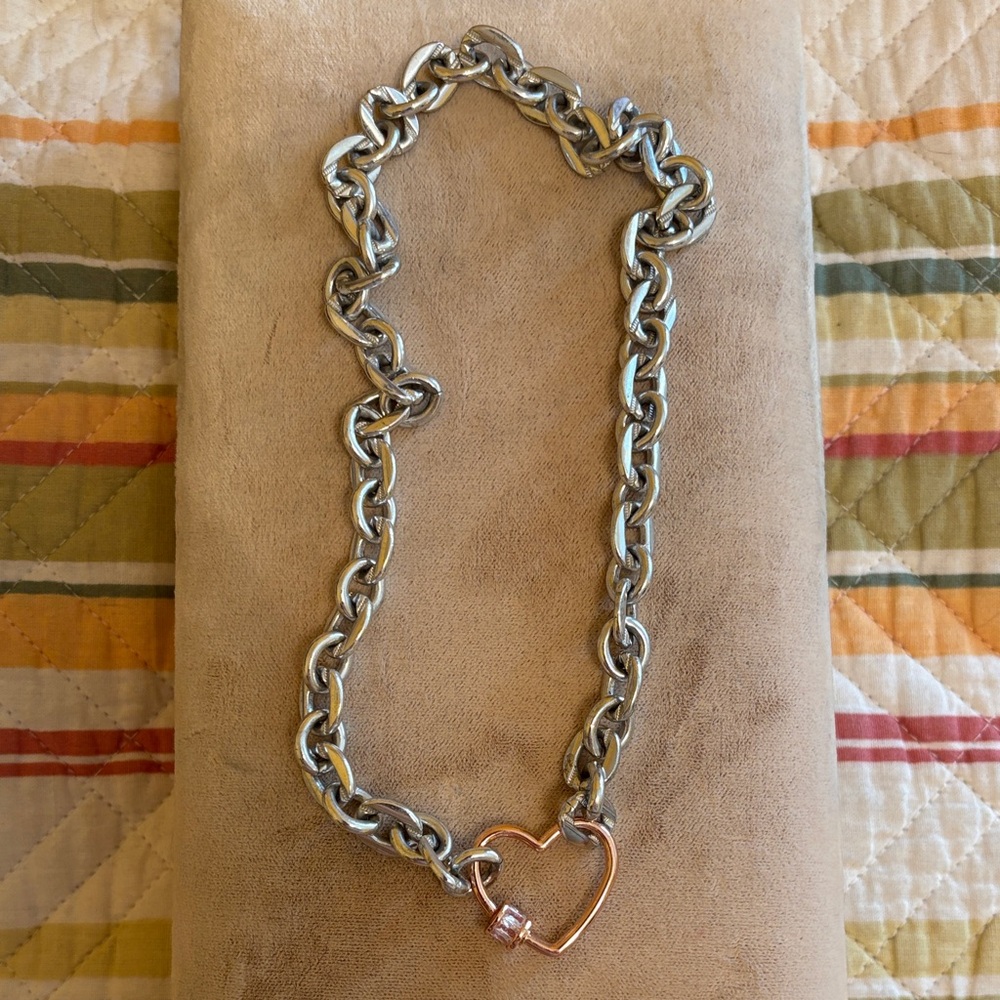 Reimagined - Rose tone Heart carabiner clasp on vintage Chain Necklace
